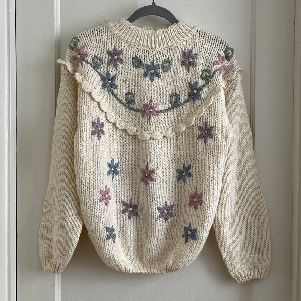 1990 Vintage Chunky Knit Cottagecore Floral Pullover Mockneck Sweater Size Small